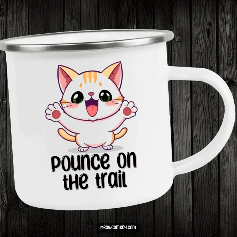 Funny camping mug showing an excited cat in a playful pounce, paws ready, perfect for outdoor enthusiasts.