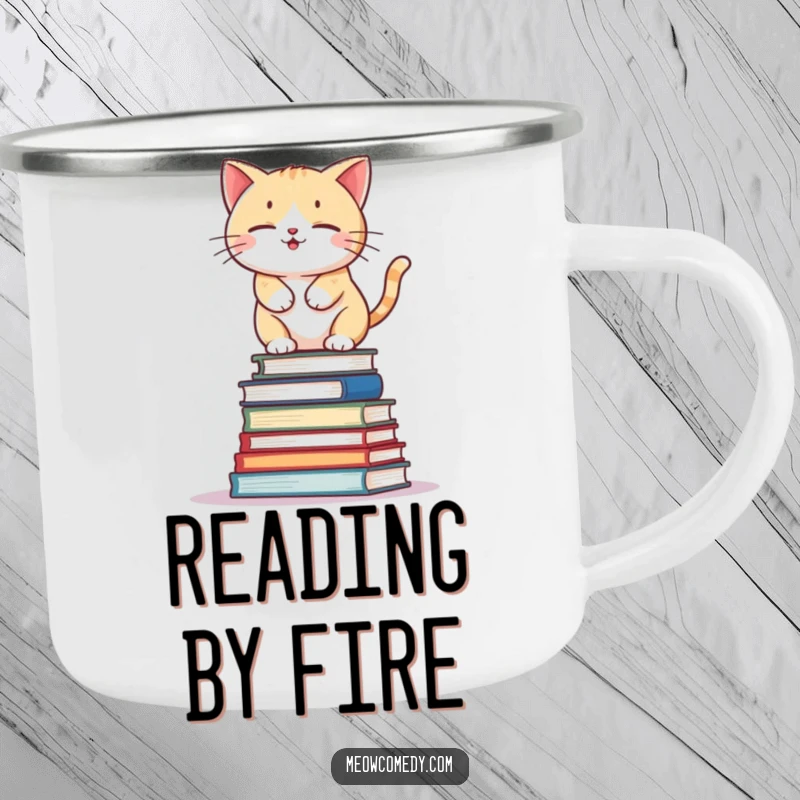 Funny kawaii cat balancing on a wobbly stack of books, durable and humorous camping mug for readers.
