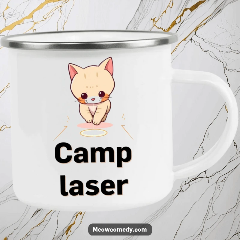 Funny durable camping mug with a kawaii cat playfully chasing a red laser dot across a floor, ready for outdoor fun.