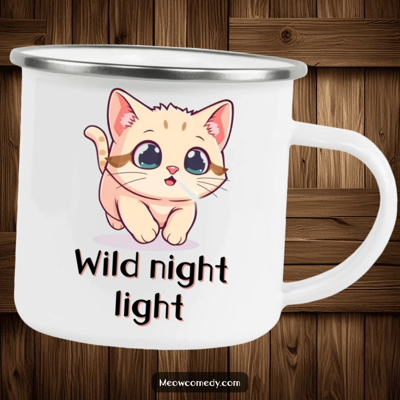 Funny Kawaii Cat Camping Mug, showing a cat zealously chasing a laser dot, designed for outdoor fun and adding playful energy to every sip.