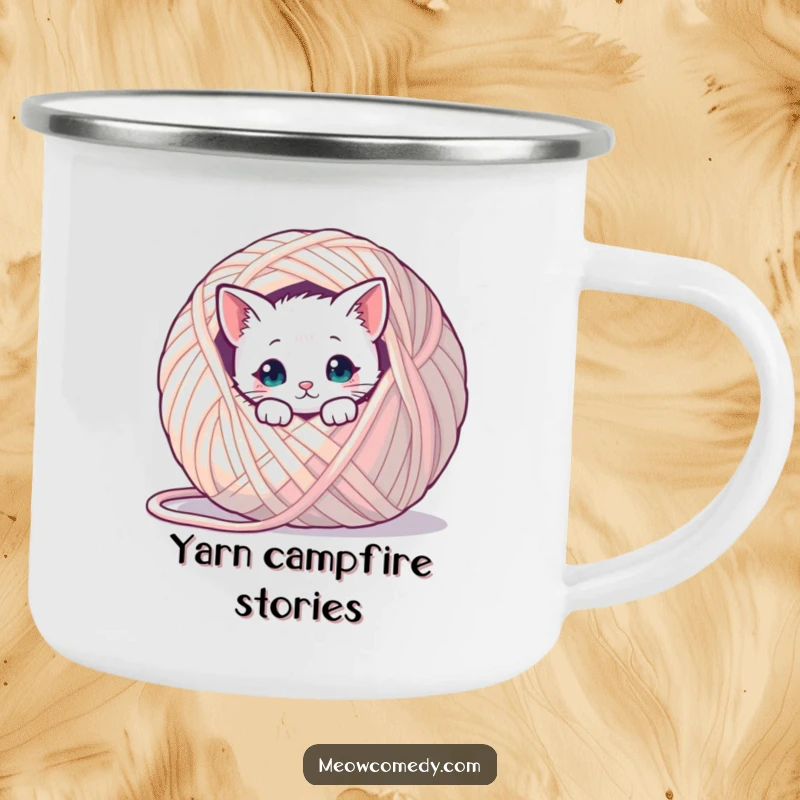 Funny kawaii cat peeking from behind a giant ball of yarn, durable and humorous camping mug for nature lovers.