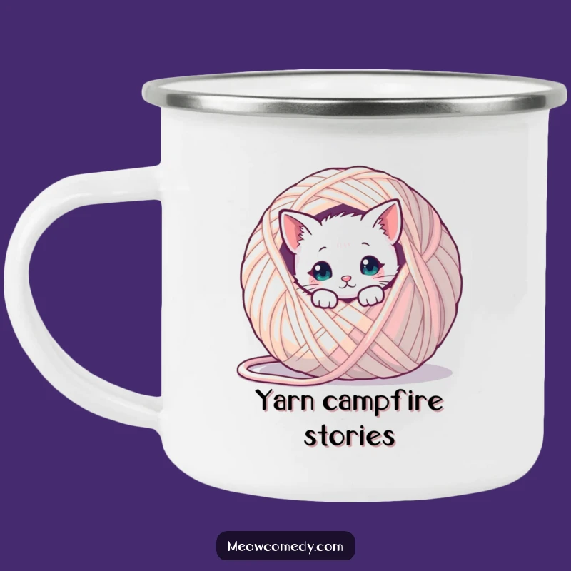 Funny Kawaii Cat Yarn Camping Mug: Adorable Outdoor Coffee Cup, Hilarious Gift for Campers