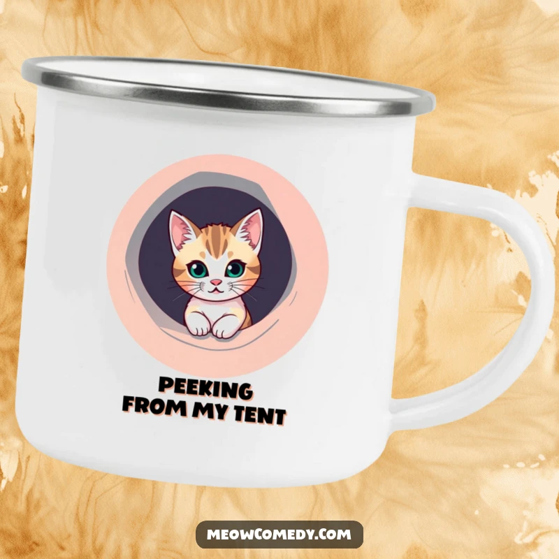 Funny Cat Camping Mug: A mischievous cat peeks from a round, colorful hole, perfect for outdoor sips.