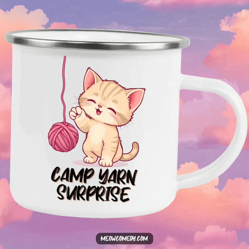 Funny Playful Kitten Camping Mug: A kitten batting at a ball of yarn is featured on this durable and cute camping mug.