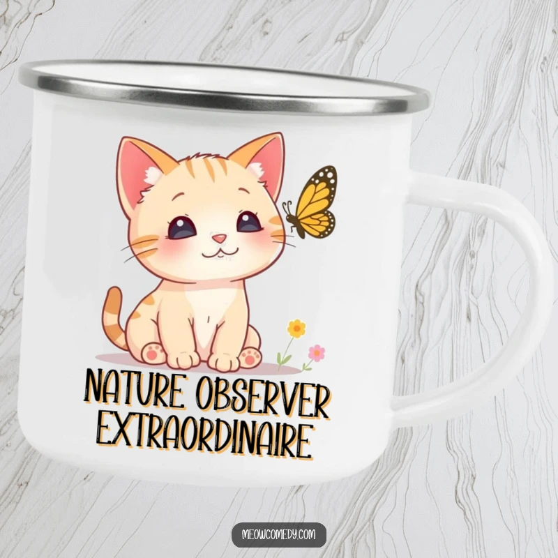 Funny Curious Cat Camping Mug showing a small kitten with ears perked, attentively watching a butterfly, designed for durability and curious fun.