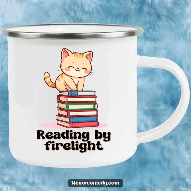 Funny kawaii cat balancing on books, holding a camping mug, for outdoor adventures and humor.