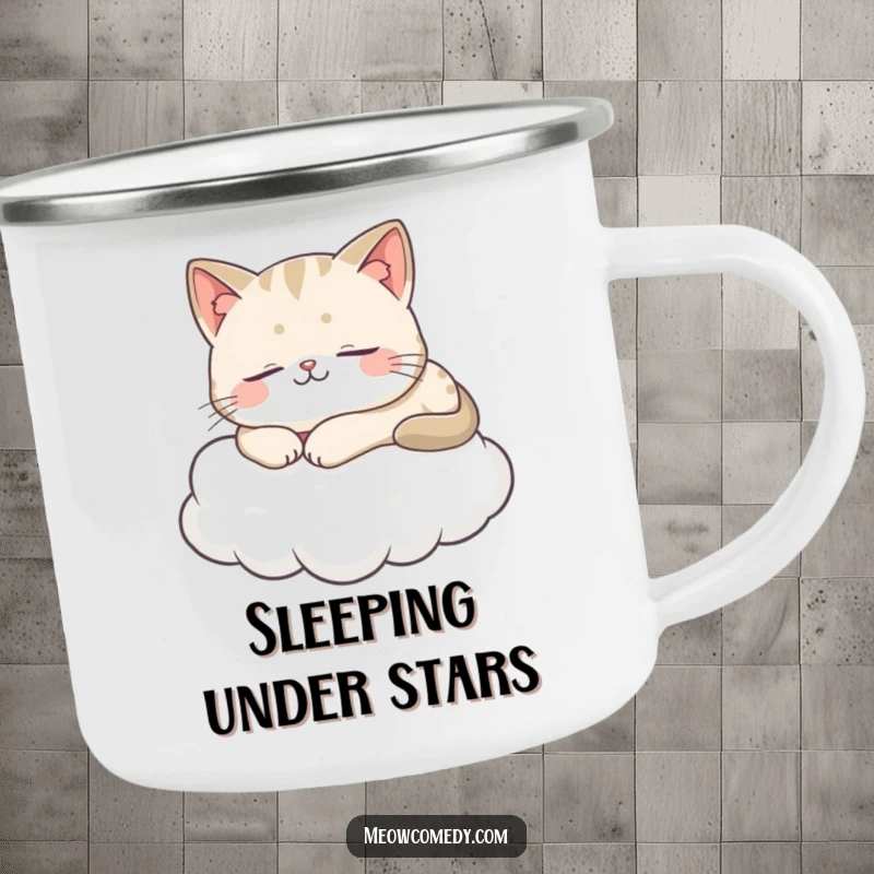 Funny Cat Camping Mug showing a content cat sleeping peacefully on a soft cloud in a serene outdoor setting.