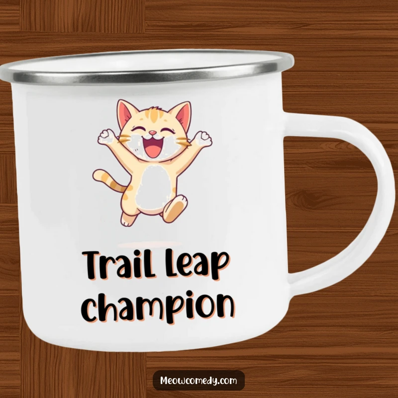 Funny Cat Leap Camping Mug: an energetic cat cub, leaping with excitement, perfect for outdoor adventures.