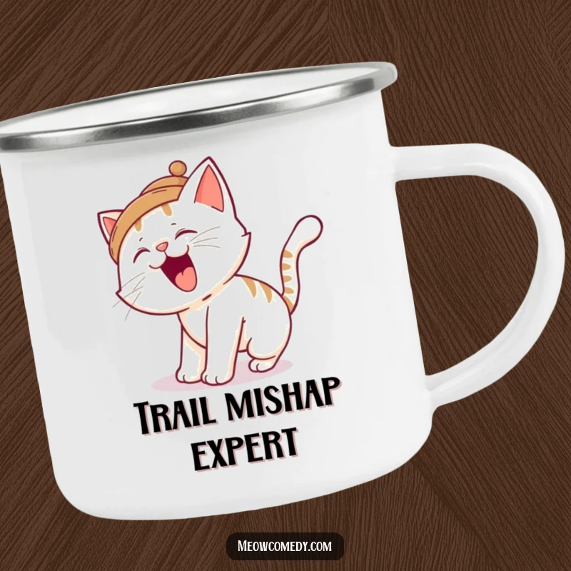 Funny cat camping mug, perfect for outdoor fun, a silly cat trips over its tail, durable and humorous outdoor gear.