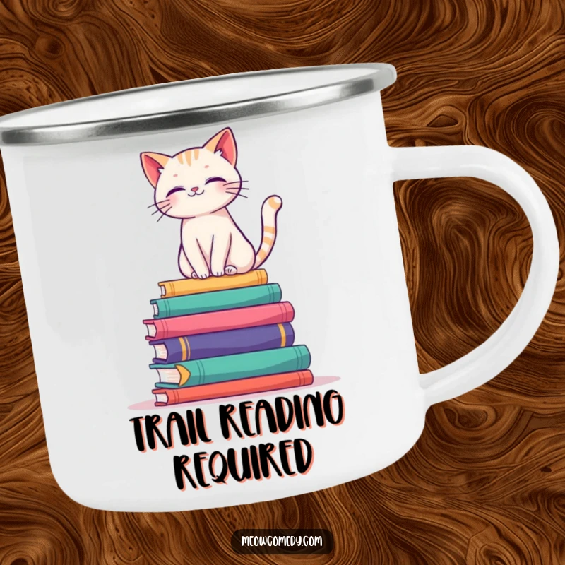 Funny enamel camping mug showing an elegant cat balancing on a stack of colorful books, for outdoor readers.
