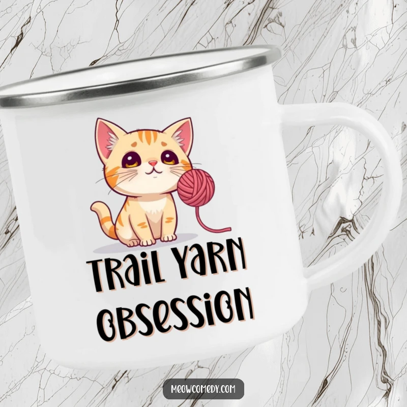 Funny Cat Camping Mug: A durable mug showing a curious cat with perked ears, gazing at a spinning yarn ball in a tent.