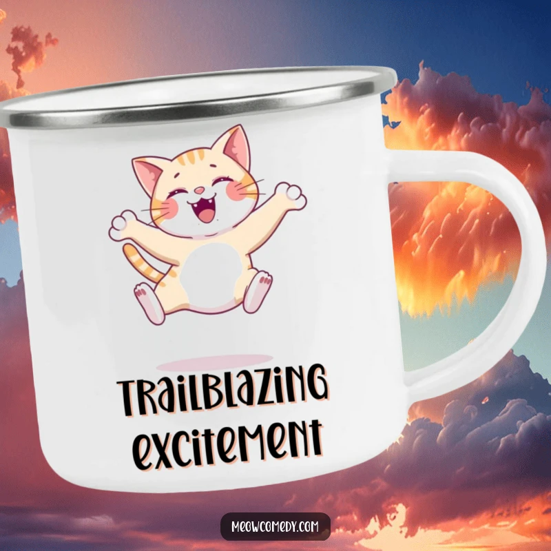 Funny graceful cat leap camping mug, mid-air with elegant paws, durable and portable for outdoor fun, a stylish companion.