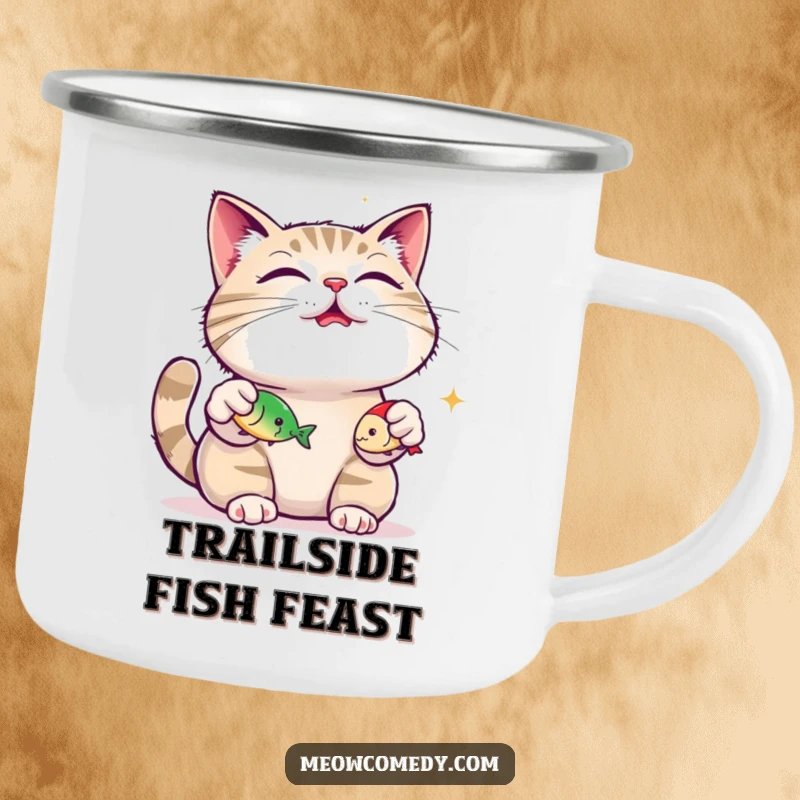 Funny content cat, purring loudly, juggling three small fish toys on a camping mug, perfect for outdoor humor.