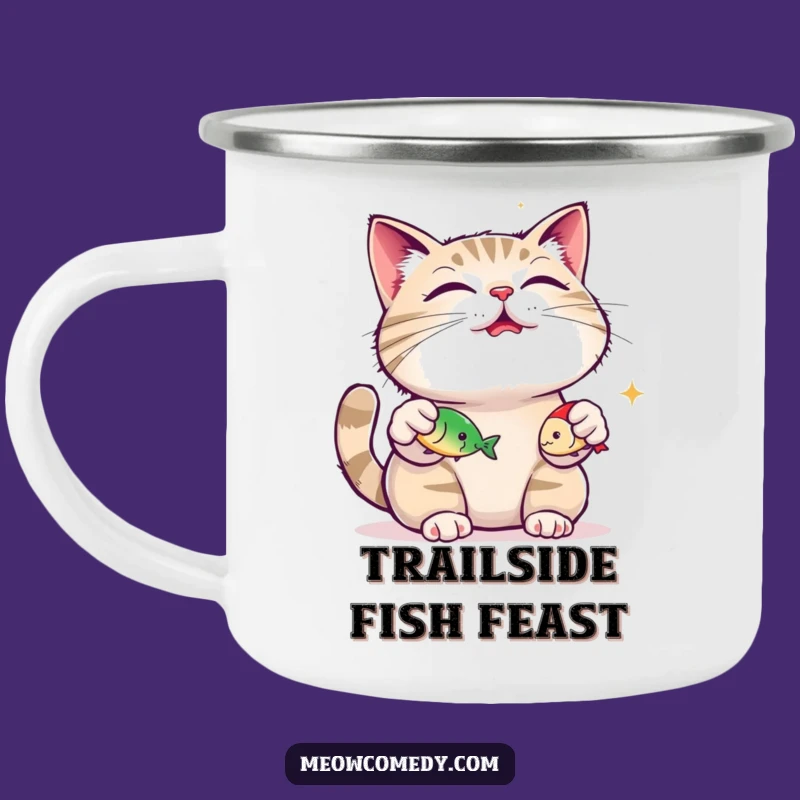Funny Cat Camping Mug: Juggling Fish Toys, Purring Outdoors - Gift