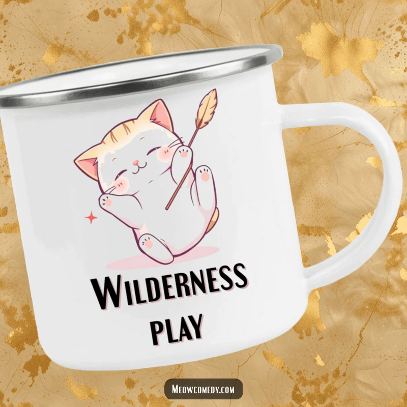 Funny Kawaii Cat Camping Mug: A cute cat tumbling with a feather toy, durable and humorous for camping.