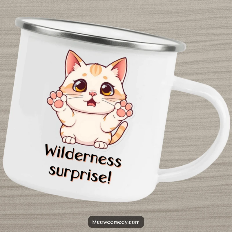 Funny surprised cat camping mug, paws up in mock fear, durable and portable for outdoor use, a humorous companion.