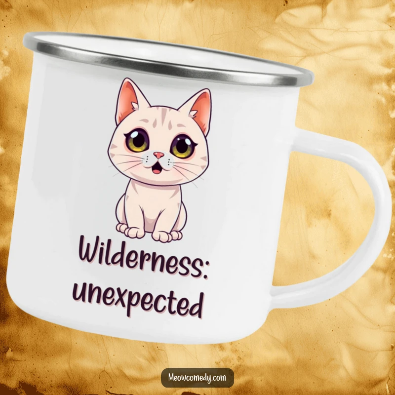 Funny Surprised Cat Camping Mug: A sleek cat with comically wide eyes expresses astonishment on this durable and humorous camping mug.