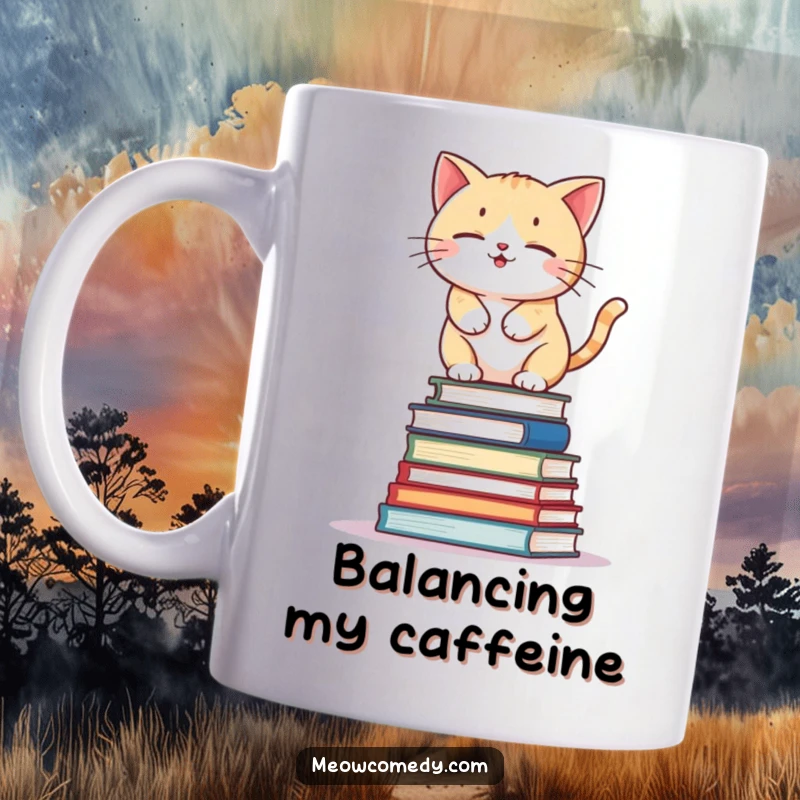 Funny kawaii cat attempting to balance on a wobbly stack of books, precarious and humorous design for readers.