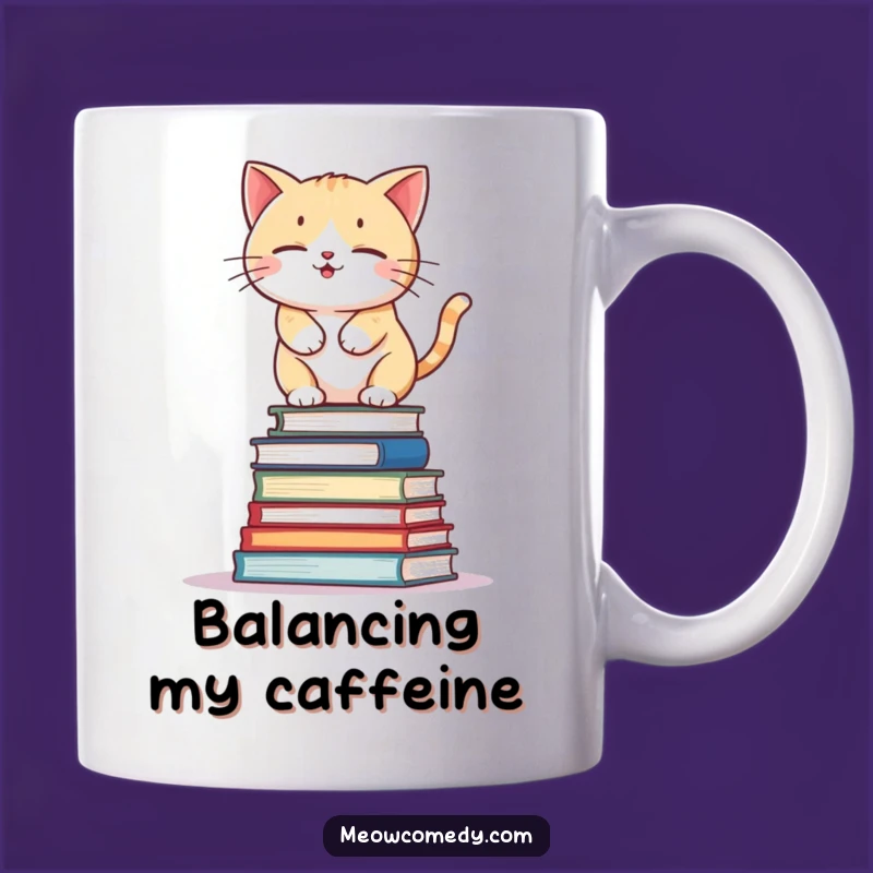 Funny Kawaii Cat Book Stack Mug: Wobbly Kitty Balance Act, Perfect Gift for Readers