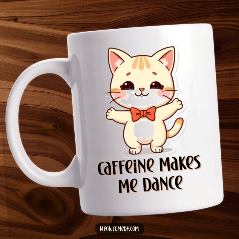 Funny Kawaii Cat Mug: a cute cat in a bow tie, dancing silly, radiating pure joy and playful energy.