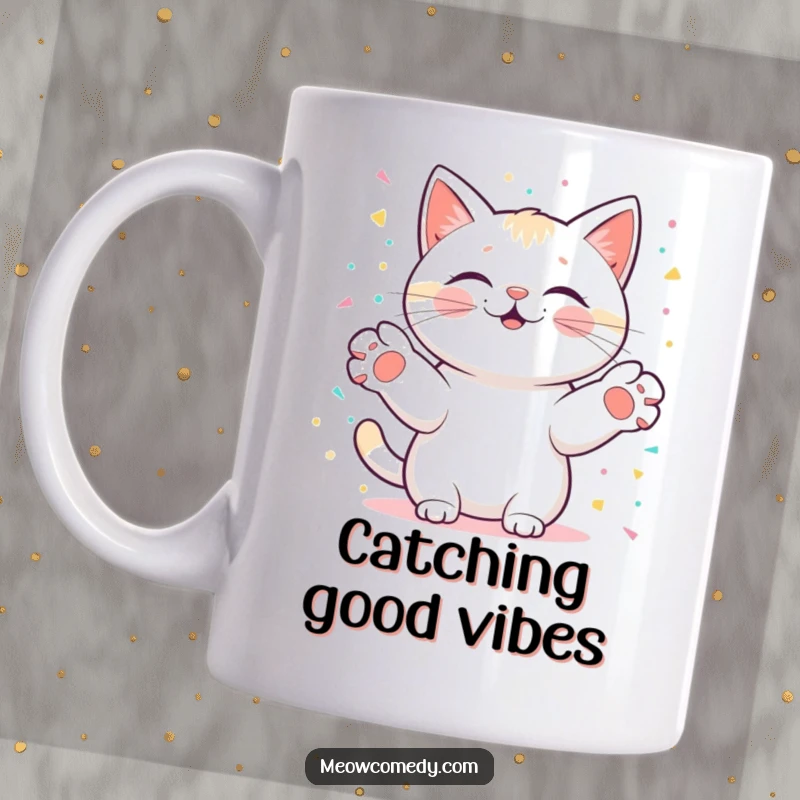 Funny kawaii cat with paws outstretched, catching digital confetti, embodying pure joy and celebration on a mug.