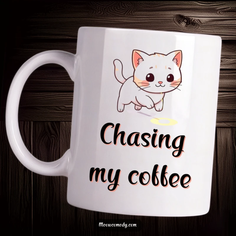 Funny kawaii cat with wide eyes intently chasing a red laser dot across a floor, humorous and energetic design.