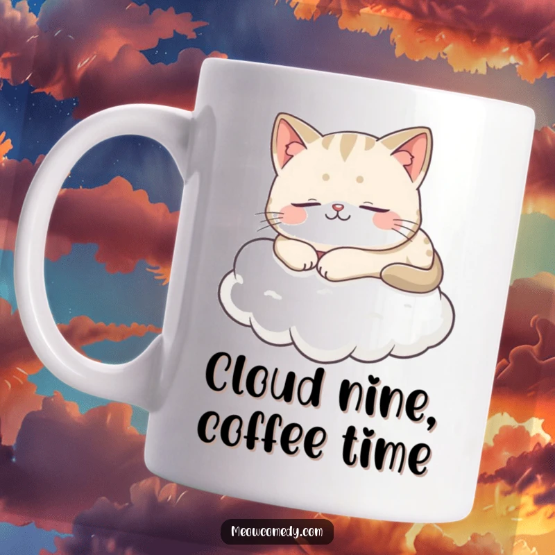 Funny Cat Mug showing a fluffy cat sleeping soundly on a soft cloud, wearing a serene, contented smile.