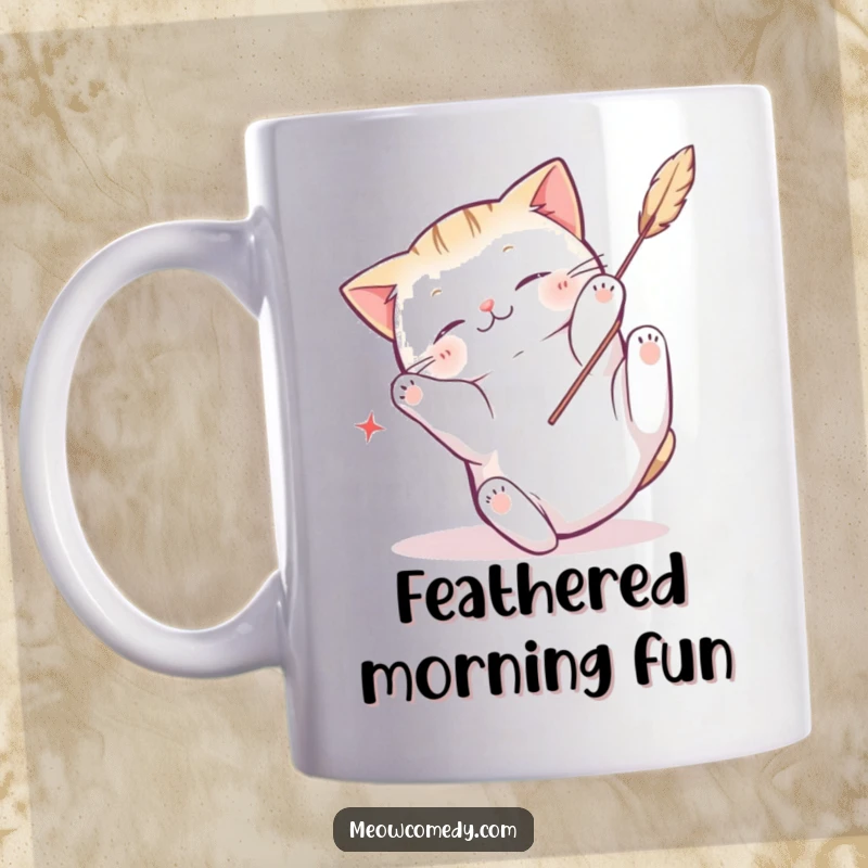 Funny Kawaii Cat Mug: A playful cat tumbles with a feather toy, a humorous and energetic gift.