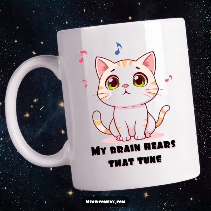 Funny mug showcasing a wide-eyed, amazed cat captivated by a whimsical dancing musical note, radiating pure, delightful surprise.