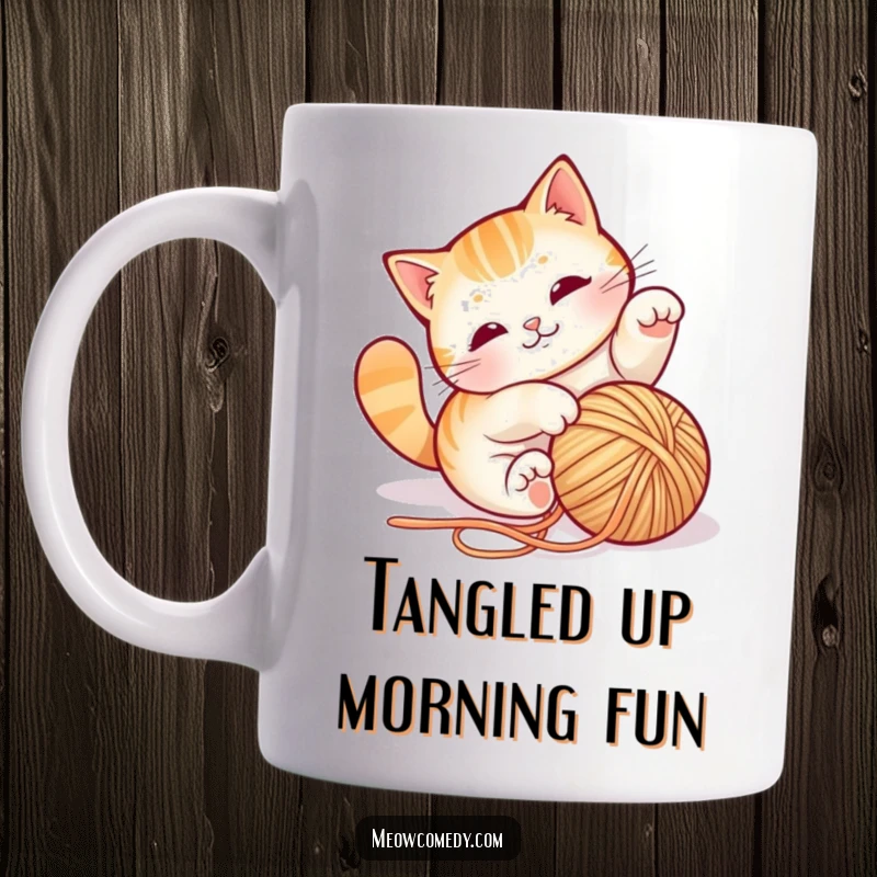 Funny cat tumbling with a ball of yarn, mid-air with paws flailing playfully, capturing chaotic and adorable energy, great gift.