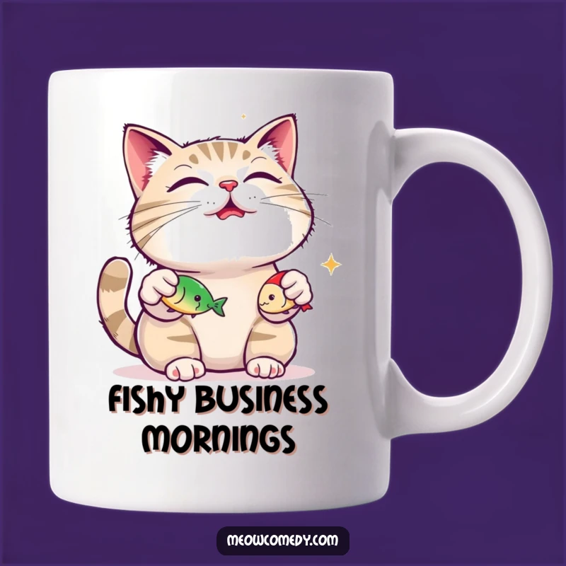 Funny Content Cat Mug: Juggling Fish Toys, Purrfectly Comical Gift