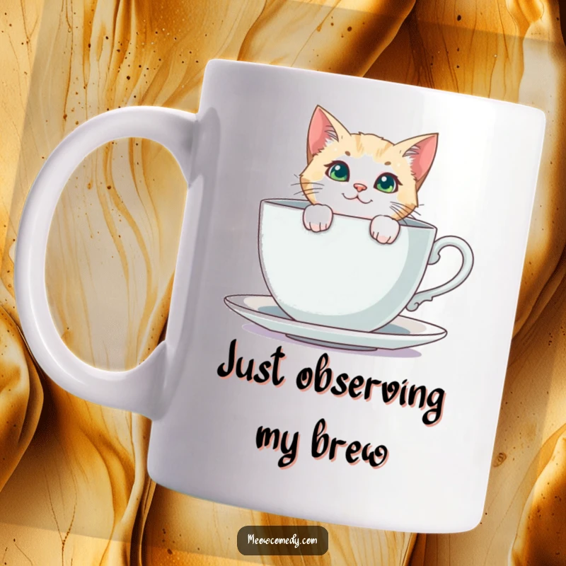 Funny Curious Cat Mug: A cat peeks inquisitively from behind a comically large teacup, adding whimsical charm.