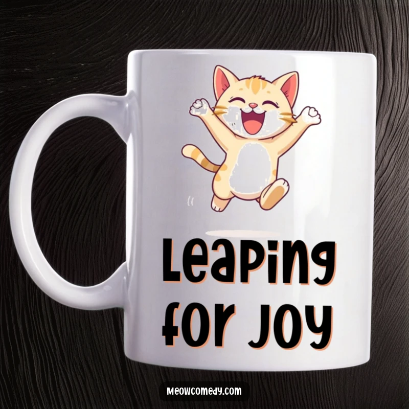 Funny Cat Leap Mug: an energetic cat cub, gracefully leaping with excitement, radiating pure joy and dynamism.