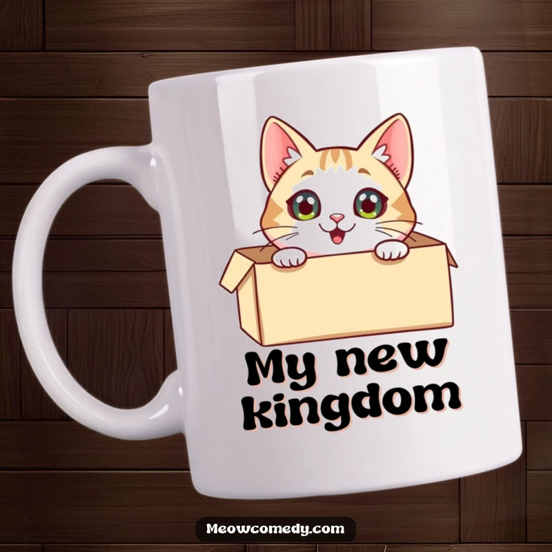 Funny Cat Mug: An excited tabby cat with wide, curious eyes peeking over the edge of a cardboard box, ready for adventure.