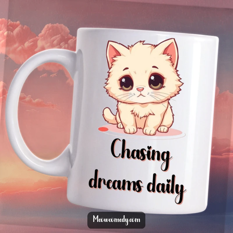Funny Fluffy Cat Mug: A small, fluffy cat with huge round eyes is comically fixated on chasing a tiny laser pointer dot.