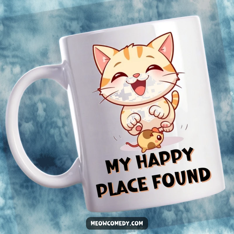Funny Cat Mug: A joyful cat with a wide grin enthusiastically chasing a bouncing mouse toy.