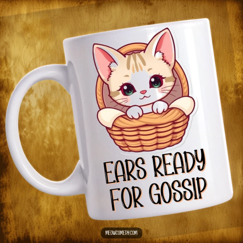 Funny Kawaii Cat Mug, showcasing a cute cat with comically oversized ears, peeking curiously from a warm, cozy basket, evoking sweetness.
