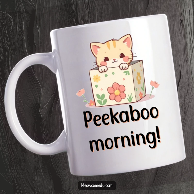 Funny kawaii cat peeking from inside a whimsical, decorated box, a playful and curious character revealed on a mug.