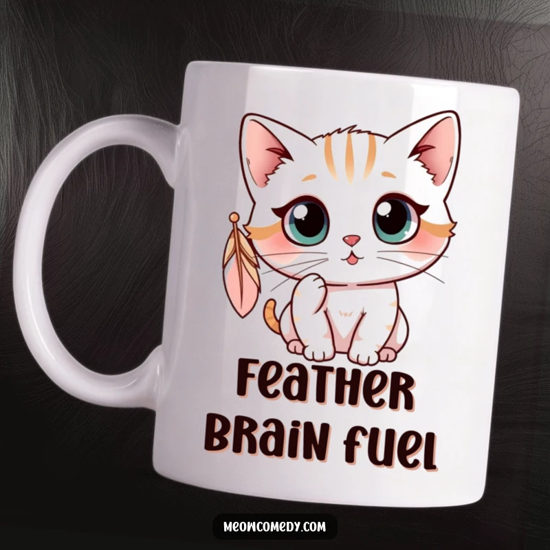 Funny kawaii cat with wide, curious eyes playfully batting at a dangling feather, adorable and humorous playtime design.