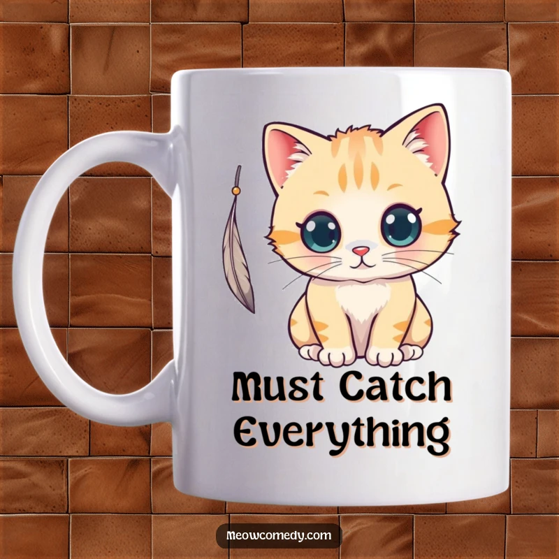 Funny kawaii cat with wide, curious eyes, playfully batting at a dangling feather, full of innocent joy.