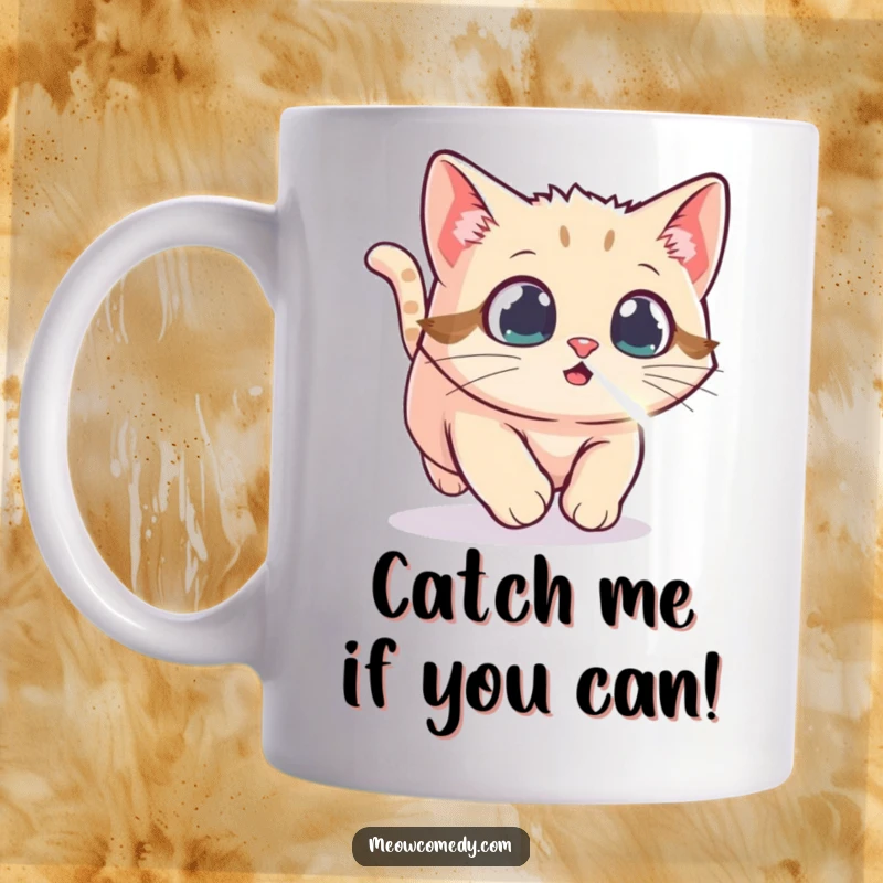 Funny Kawaii Cat Mug, eyes wide with excitement, playfully chasing a shimmering red laser dot, embodying pure feline joy and energetic fun.
