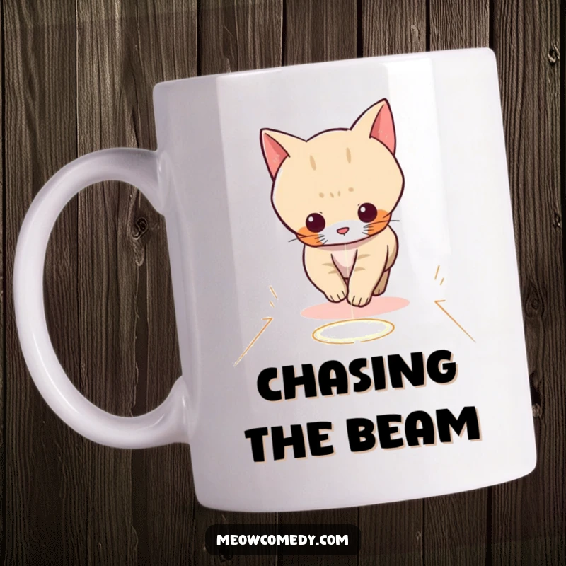 Funny kawaii cat, playfully chasing a red laser dot across a floor, on this giftable mug.
