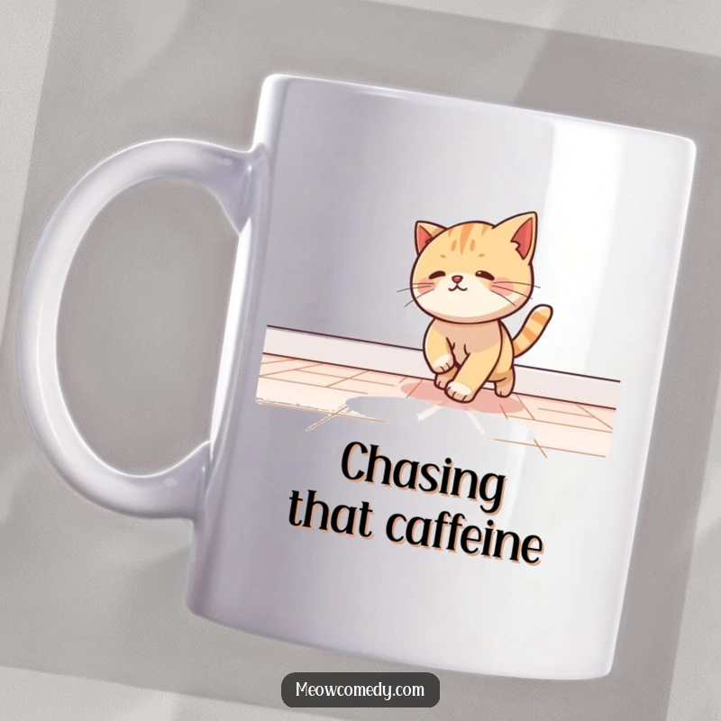 Funny kawaii cat playfully chasing a bright beam of light across a floor, depicted on a cute mug.