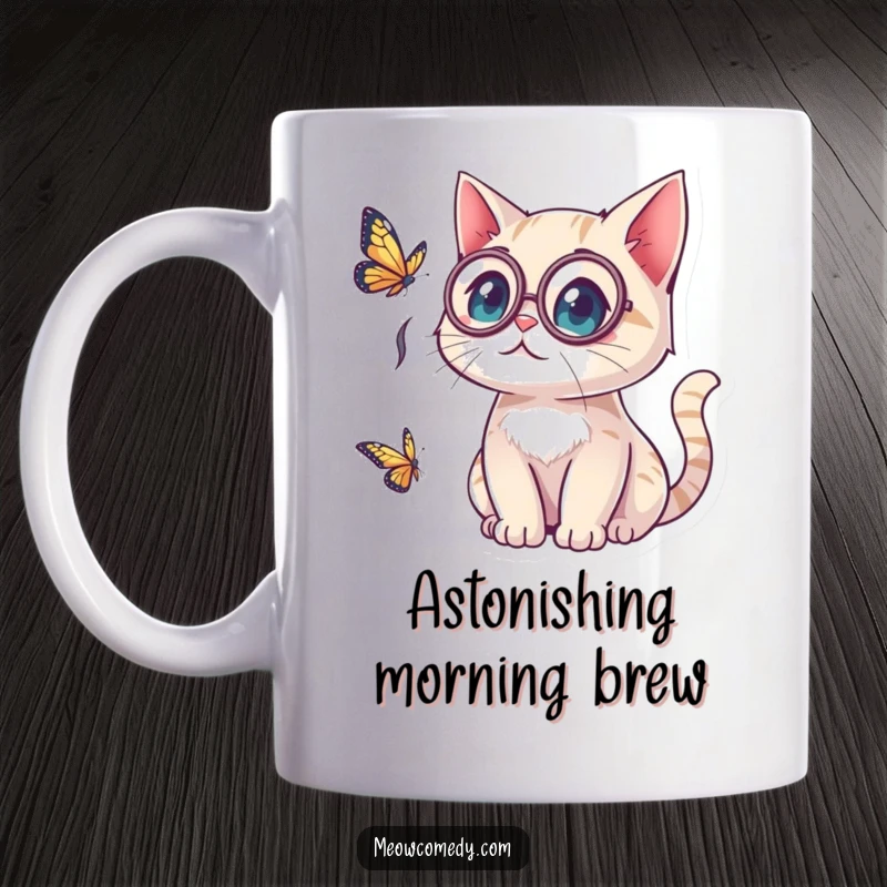 Funny kawaii cat wearing a monocle, looking surprised by a butterfly, captured in a moment of whimsical shock on a mug.