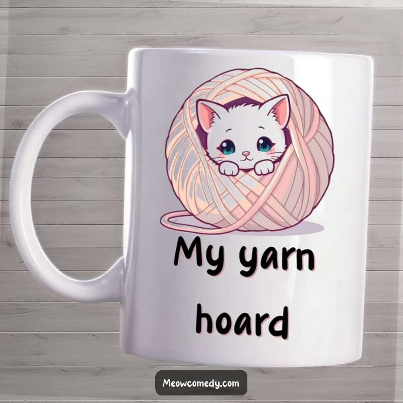 Funny kawaii cat peeking playfully from behind a massive ball of yarn, adorable and humorous design for cat lovers.