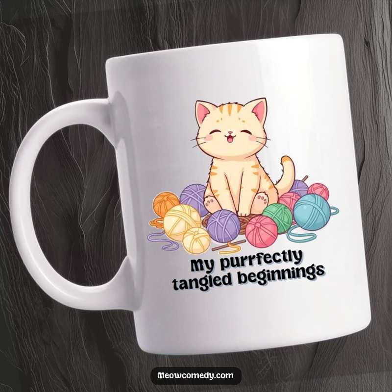 Funny kawaii cat sitting happily in a big pile of colorful yarn balls, looking pleased, perfect gift for cat lovers.