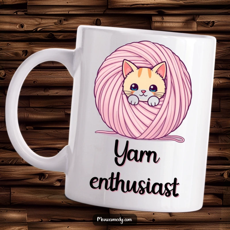 Funny kawaii cat, peeking out curiously from behind a giant ball of yarn, on this giftable mug.