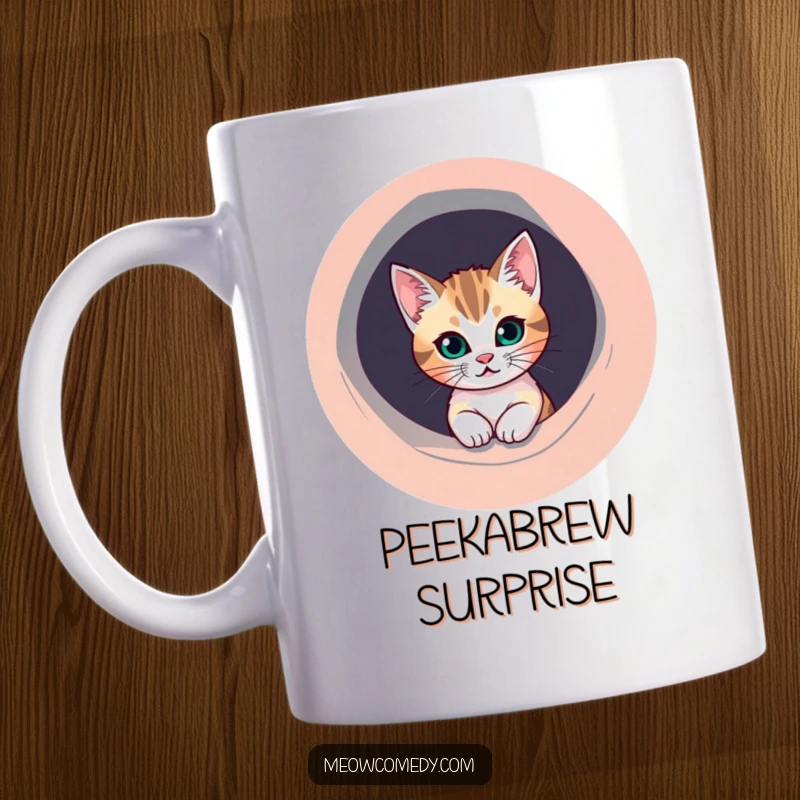 Funny Cat Mug: A mischievous cat with wide eyes peeks playfully from a perfectly round, vibrant, colorful hole.