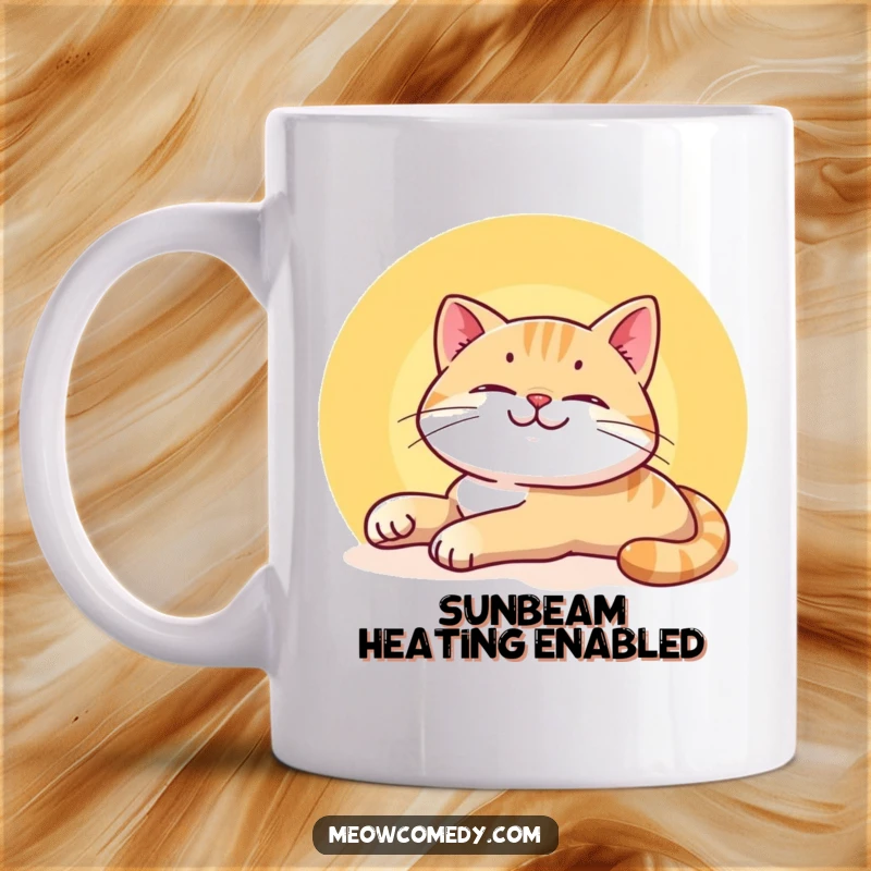 Funny Smiling Cat Mug showing a content cat stretching lazily and happily in a warm sunbeam, embodying pure relaxation.