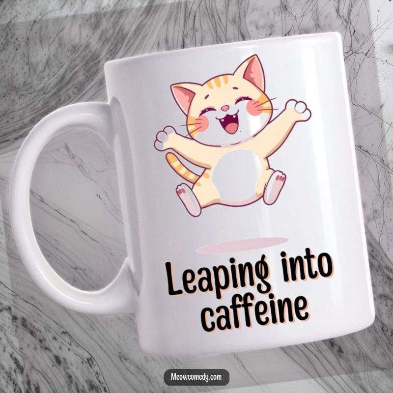 Funny happy cat performing a graceful leap, mid-air with paws extended elegantly, conveying joy and athleticism, great present.